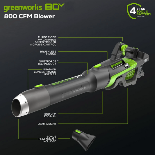Greenworks 80V 800CFM Leaf Blower with 2.5Ah Battery 2A Charger & Shoulder Strap