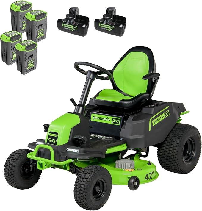 Greenworks 60V 42” Cordless Electric CrossoverT Riding Mower, (4) 8.0Ah Batteries and (2) Dual Port Turbo Chargers