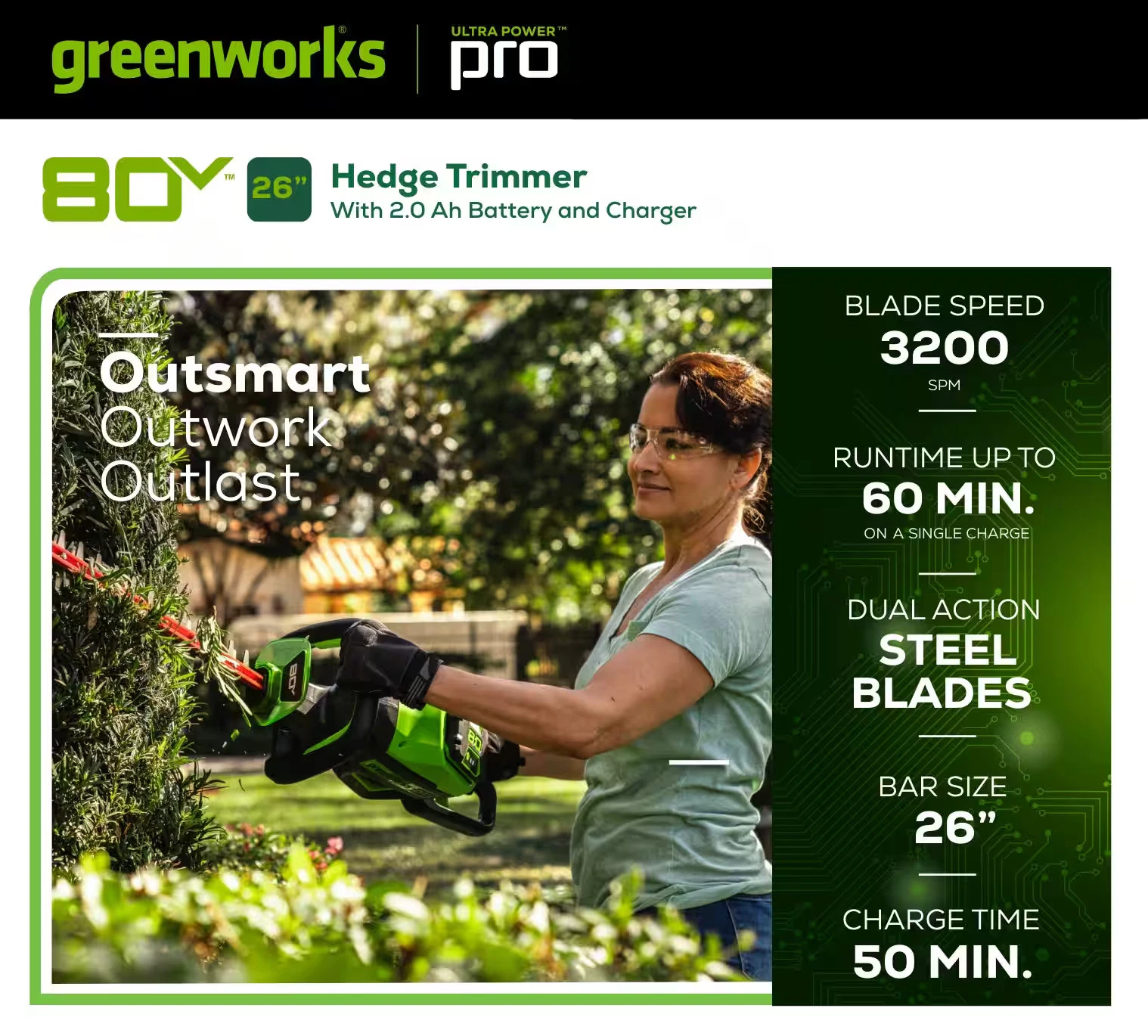 Greenworks - 80-Volt 26-Inch Cordless Brushless Hedge Trimmer with (1) 2.0Ah Battery and Charger)