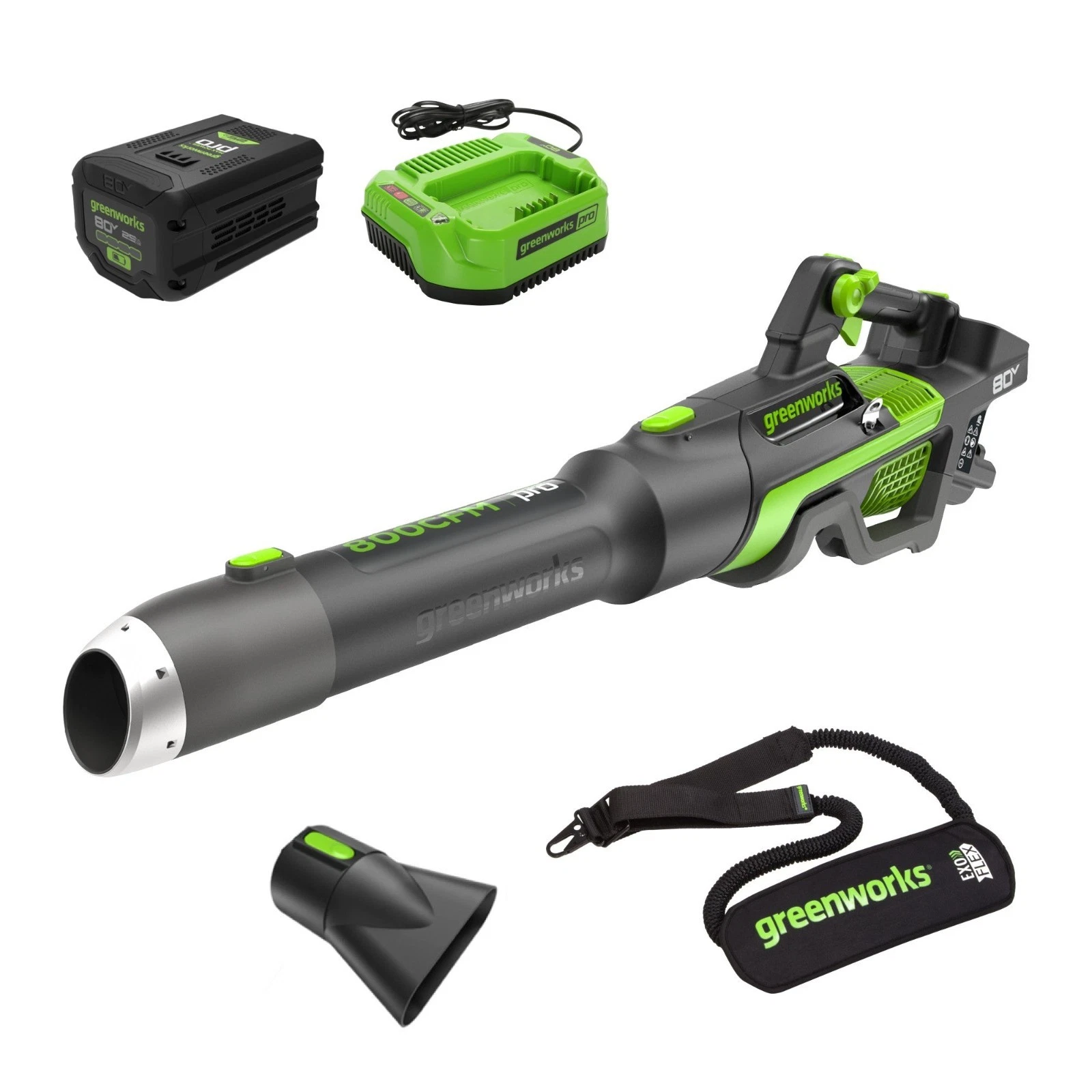 Greenworks 80V 800CFM Leaf Blower with 2.5Ah Battery 2A Charger & Shoulder Strap